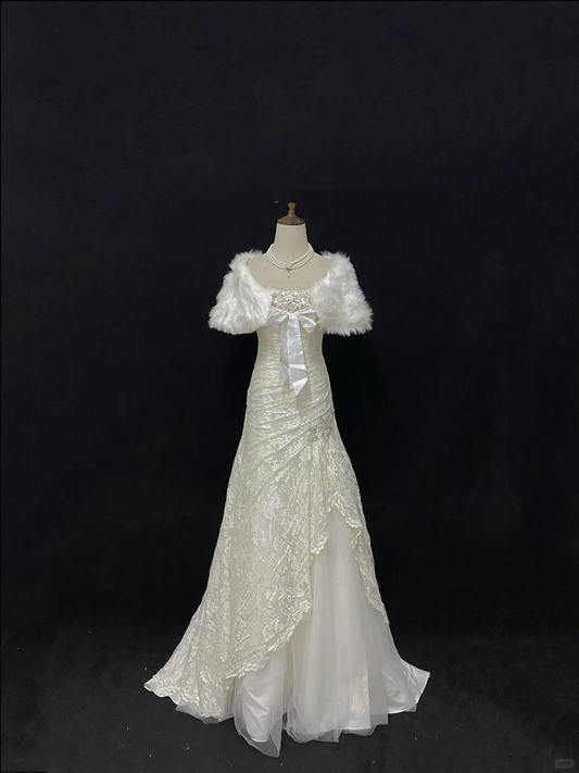 Off White Strapless Elegant Long Romantic Gown, Beaded Decoration, Cinched Slim Waist, Wedding Dress & Bridal Gown gh8106
