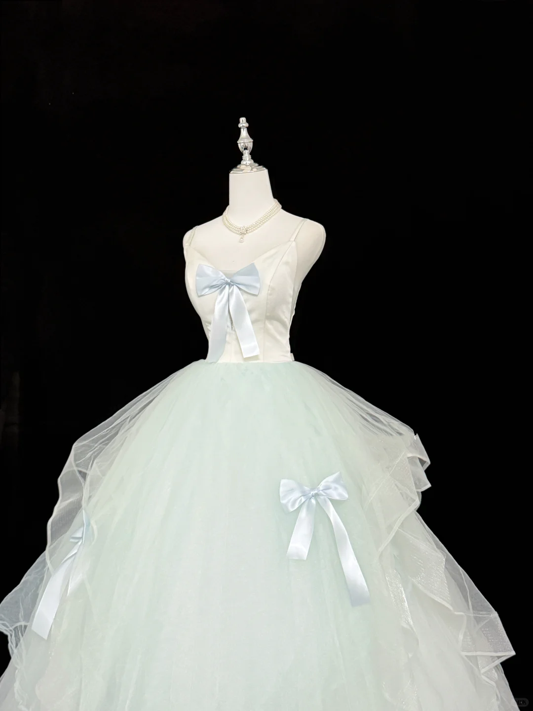 Light Blue Spaghetti Strap Cinched Waist Voluminous Skirt Long Romantic Dress, Wedding Gown gh7883