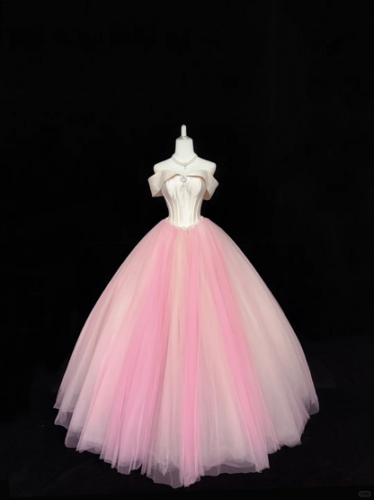 Blush Pink Satin Off-the-Shoulder Cinched Waist Voluminous Tulle Skirt Long Minimalist Elegant Romantic Dress, Wedding Gown gh7846