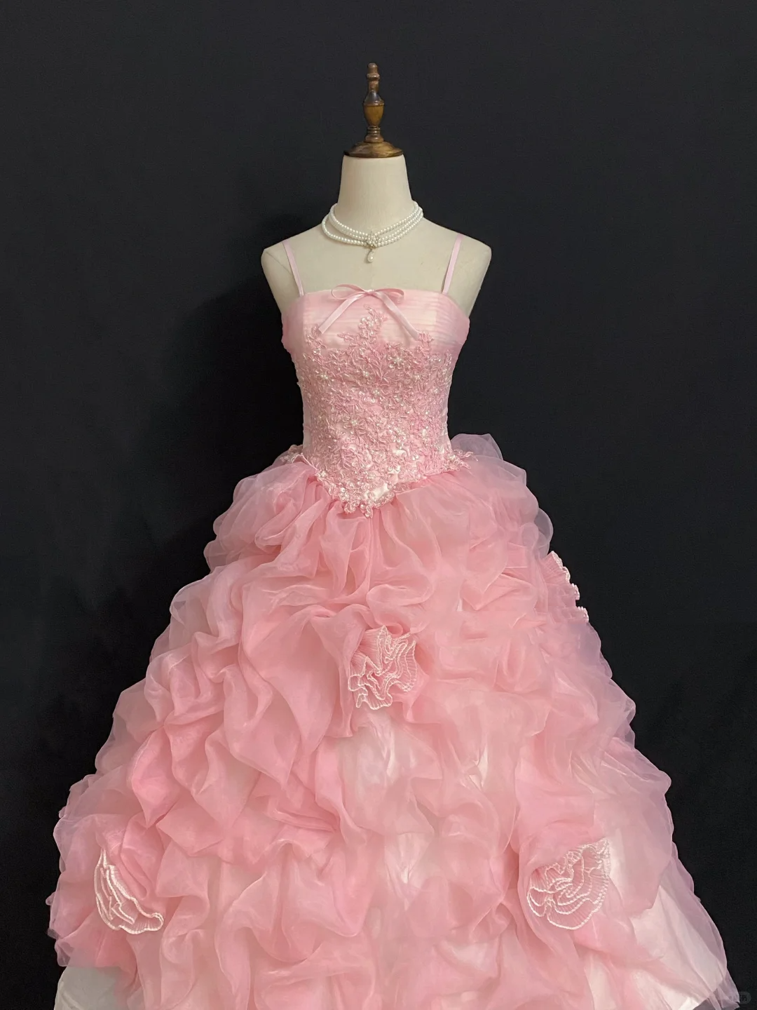 Romantic Gown With Pink Spaghetti Straps, Cinched Waist & Lovely Voluminous Tiered Cake Skirt, Wedding Dress & Bridal Gown gh8282