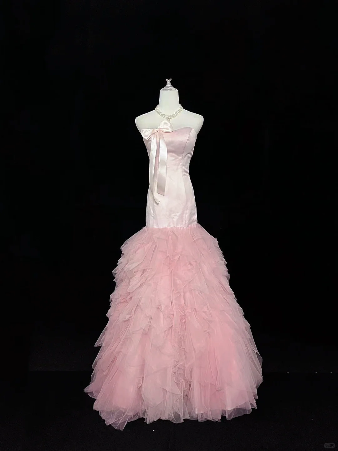 Blush Pink Satin Strapless Cinched Waist Fitted Hip Multi-Layer Skirt Long Romantic Dress, Wedding Gown gh7971