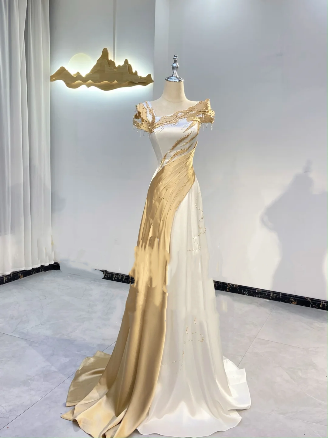 Gold & White Color Block Waist-Cinched Fitted Smooth Line Slimming Elegant Evening Dress, Fairy Gown, Romantic Gown gh7399