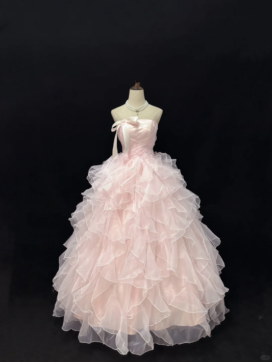 Blush Pink Strapless Youthful Voluminous Wavy Skirt Long Romantic Dress, Wedding Gown gh8017