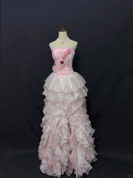Blush Pink Strapless Gown Decorated with Roses, Cinched Waist, Irregular Vintage Hem, Long Romantic Dress, Wedding & Bridal Gown gh8236