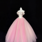 Blush Pink Satin Off-the-Shoulder Cinched Waist Voluminous Tulle Skirt Long Minimalist Elegant Romantic Dress, Wedding Gown gh7846