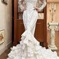 White Vintage Satin Mermaid Wedding Prom Dress, Bateau Neck Illusion Sweetheart, 3D Floral Shoulder, Single Lace Long Sleeve, Multi‑Tier Ruffled Cake Train gh8687