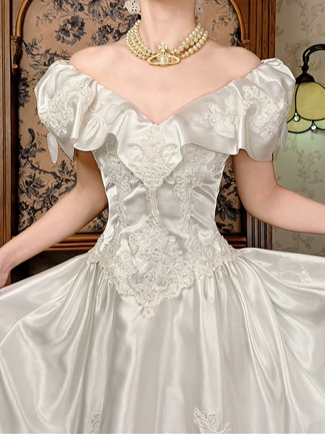 White Satin Vintage Embroidered Fitted Waist Figure‑Flattering Full Flared Skirt Prom Gown, Wedding Dress gh8606