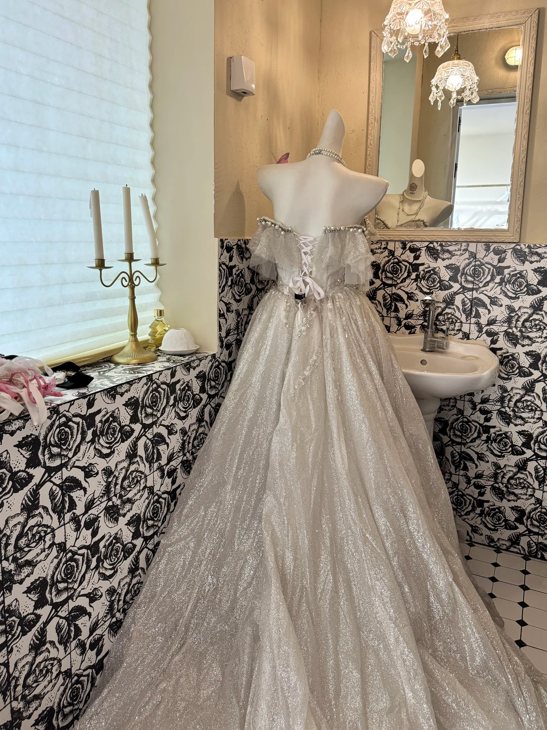 Silver Ivory Strapless Waist-Cinched Full Flared Long Vintage Romantic Dress, Wedding Gown gh7542