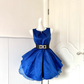Women Royal Blue Homecoming Dress, Sleeveless Fold‑Over Round Collar, Black Wide Sash With Double Gold Square Buckle, High Waist Voluminous Satin Mini Dress With Tulle Inner Layer For Party gh9243