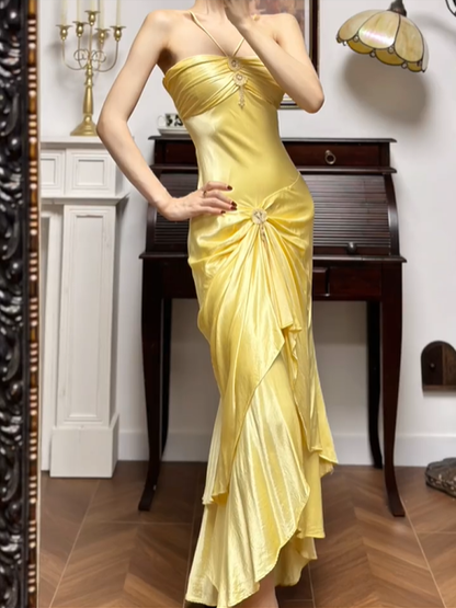 Golden Yellow Vintage Halter Strapless Prom Gown, Twisted Ruched Fitted Bodice, Ornament‑Button Knotted Draped Ruffle Mermaid Skirt, Lustrous Satin Asymmetrical Floor‑Length Evening Prom Dress gh8795