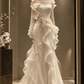 ✨Girlhomeshops-Ivory High Collar Qipao Mermaid Wedding Dress Pearl Beaded Long Sleeve with Ruffles gh10318