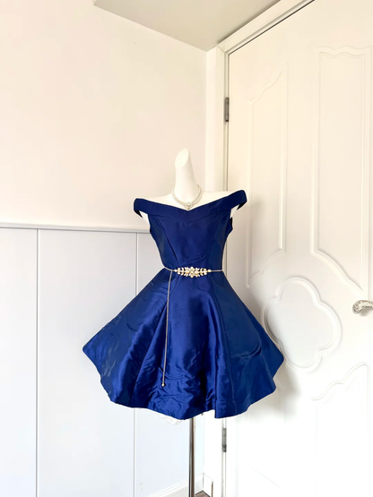 Navy Blue Satin Off‑Shoulder Gold‑Floral‑Rhinestone‑Waist‑Chain A‑Line Short Party Dress, Homecoming Gown gh9247