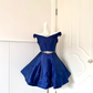 Navy Blue Satin Off‑Shoulder Gold‑Floral‑Rhinestone‑Waist‑Chain A‑Line Short Party Dress, Homecoming Gown gh9247