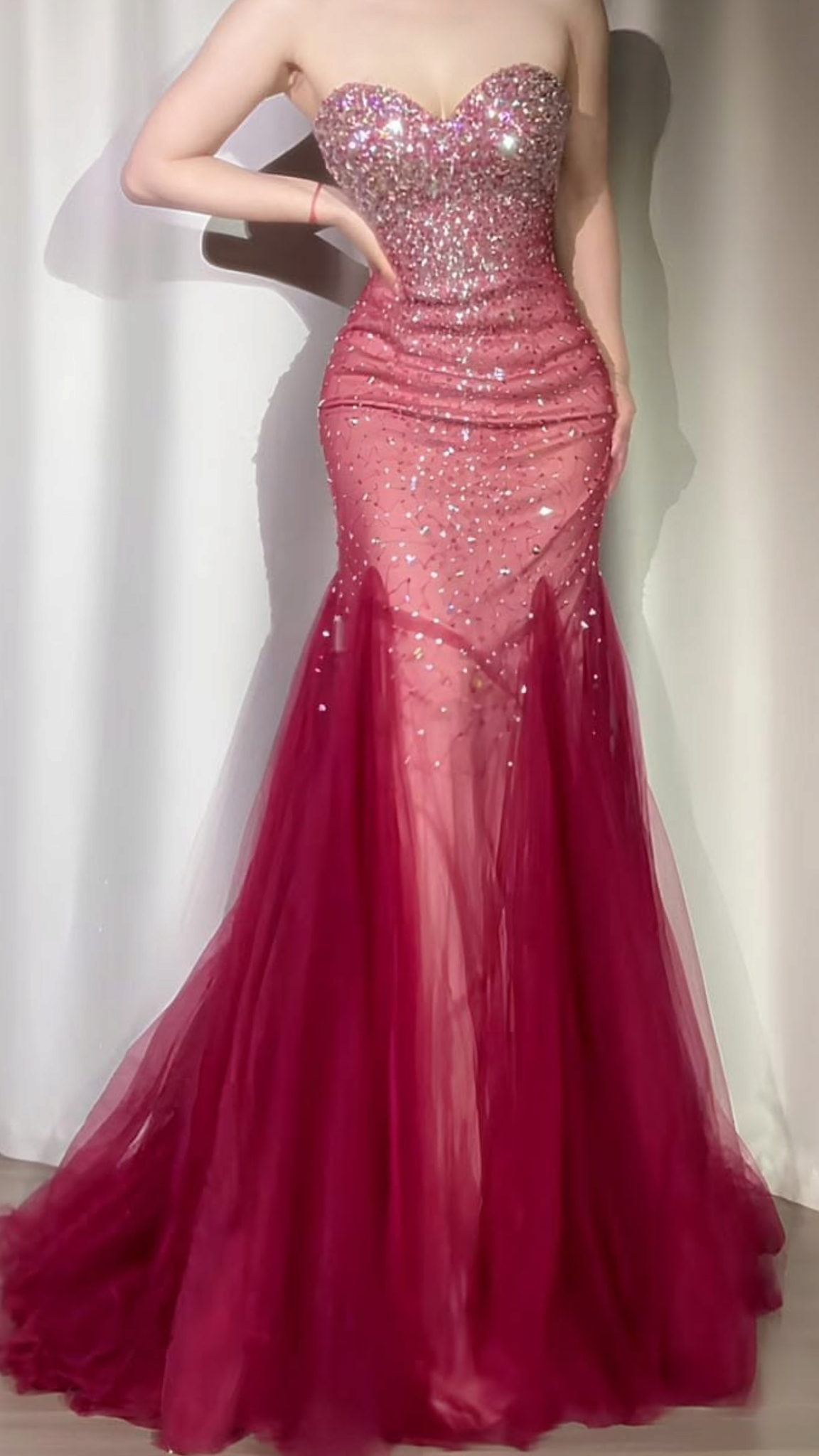 ✨Girlhomeshops-Burgundy Ombre Rhinestone Beaded Mermaid Prom Dress gh10172