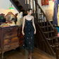 Black Tulle Sequin Evening Dress, Spaghetti Strap U Neck Floral Sequin Vintage Midi Formal Gown gh9880