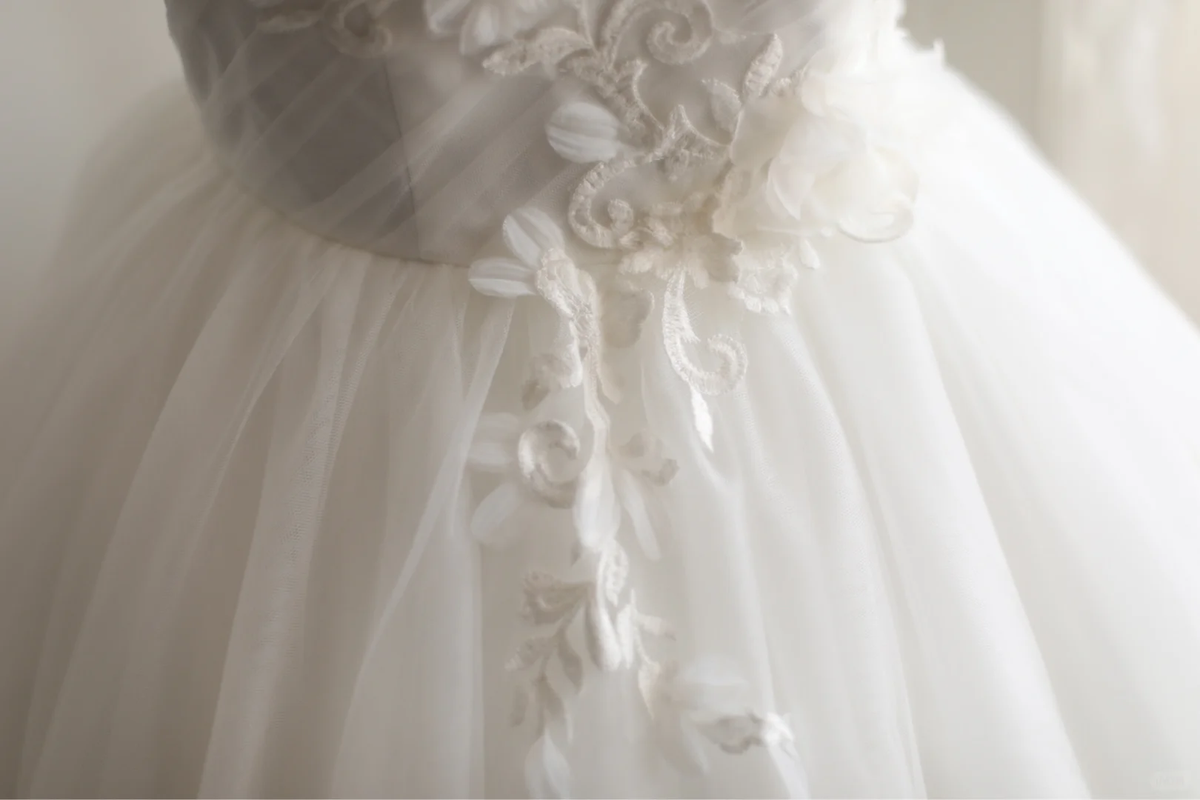 Strapless Ball Gown Wedding Dress, Sweetheart Neck Lace Embroidery 3D Floral Appliqué Two‑Layer Tulle Bridal Gown gh9123