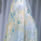✨Girlhomeshops-Light Yellow Green Ombre Peacock Pattern Hand Beaded Spaghetti Strap Midi Prom Gown gh10082