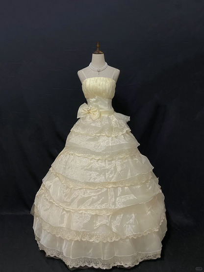 Butter Yellow Spaghetti Strap Romantic Gown, Cinched Waist, Voluminous Princess Skirt, Wedding Dress & Bridal Gown gh8237