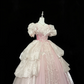 Blush Pink Puff Sleeves Cinched Waist Palace Style Voluminous Skirt Long Romantic Dress, Wedding Gown gh7847