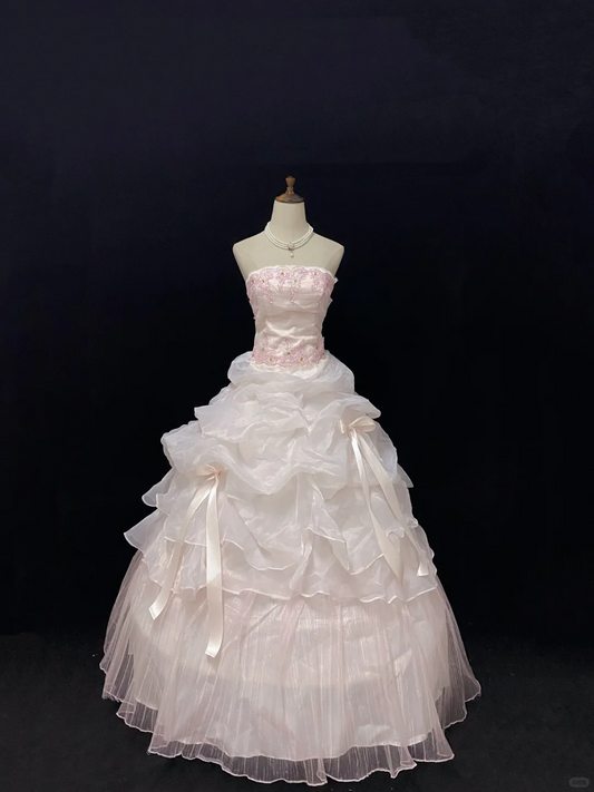 Blush Pink Strapless Elegant Romantic Gown with Embroidery, Cinched Waist and Voluminous Princess Skirt, Wedding Dress & Bridal Gown gh8152