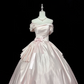 Blush Pink Satin Off-the-Shoulder Cinched Waist Voluminous Princess Skirt Romantic Dress, Wedding Gown gh7884