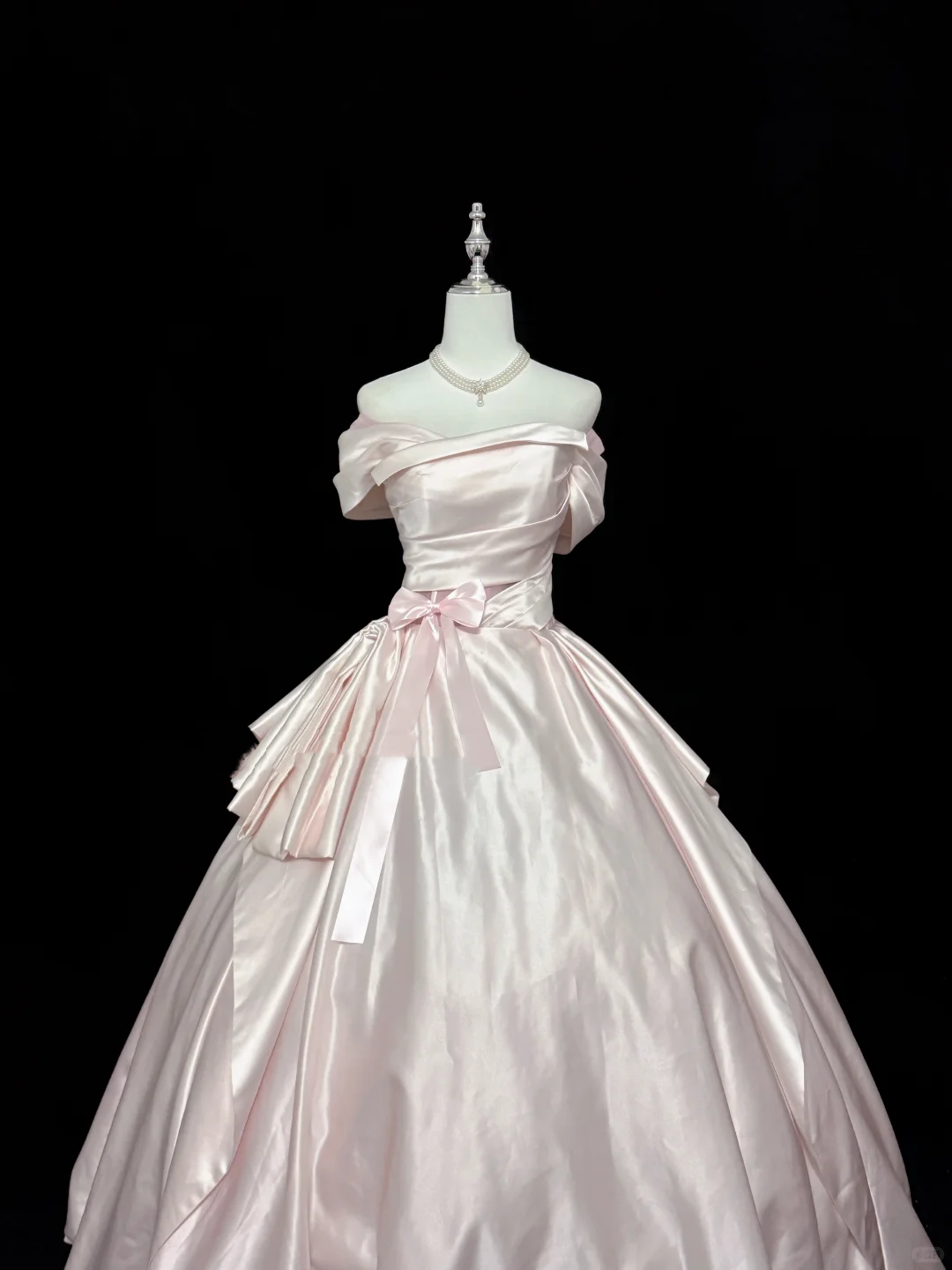 Blush Pink Satin Off-the-Shoulder Cinched Waist Voluminous Princess Skirt Romantic Dress, Wedding Gown gh7884
