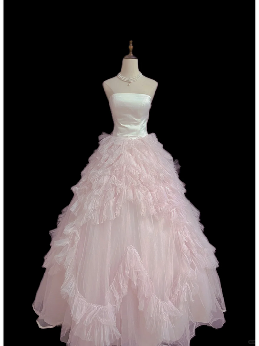 Blush Pink Simple Strapless Long Romantic Wedding Dress, Cinched Waist, Voluminous Princess Skirt gh8333