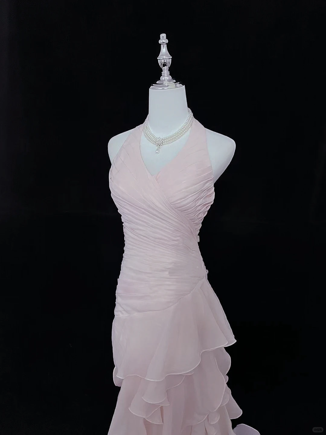 Blush Pink Halter Cinched Waist Fitted Ruffle Hem Long Romantic Dress, Wedding Gown gh7972
