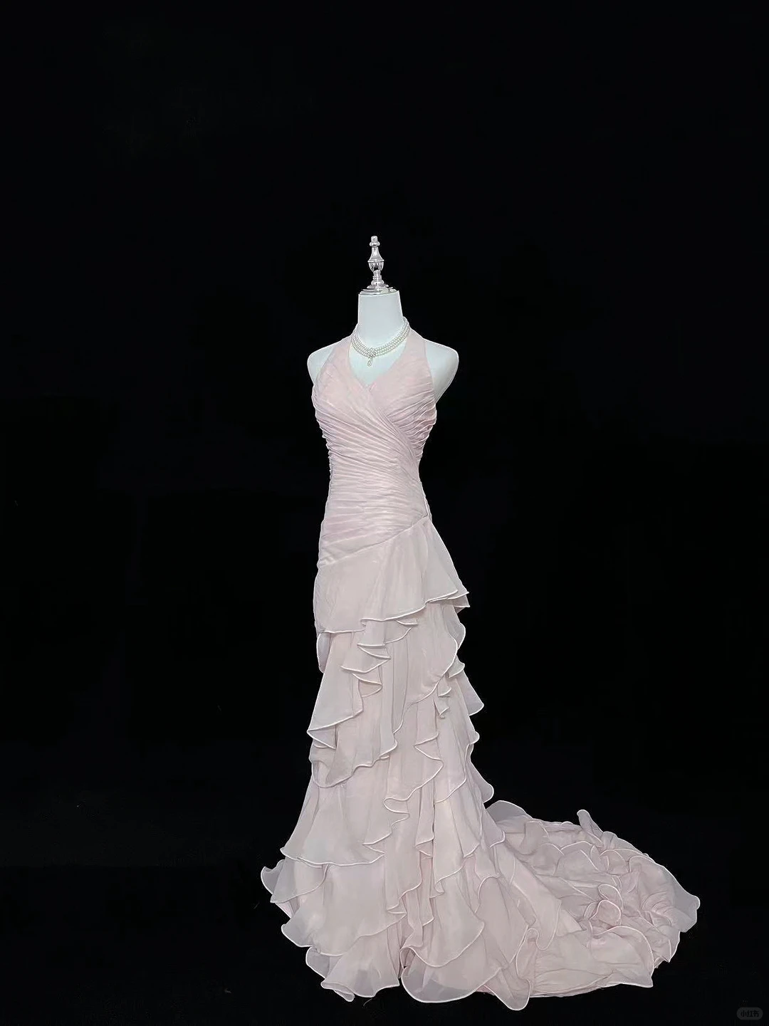 Blush Pink Halter Cinched Waist Fitted Ruffle Hem Long Romantic Dress, Wedding Gown gh7972