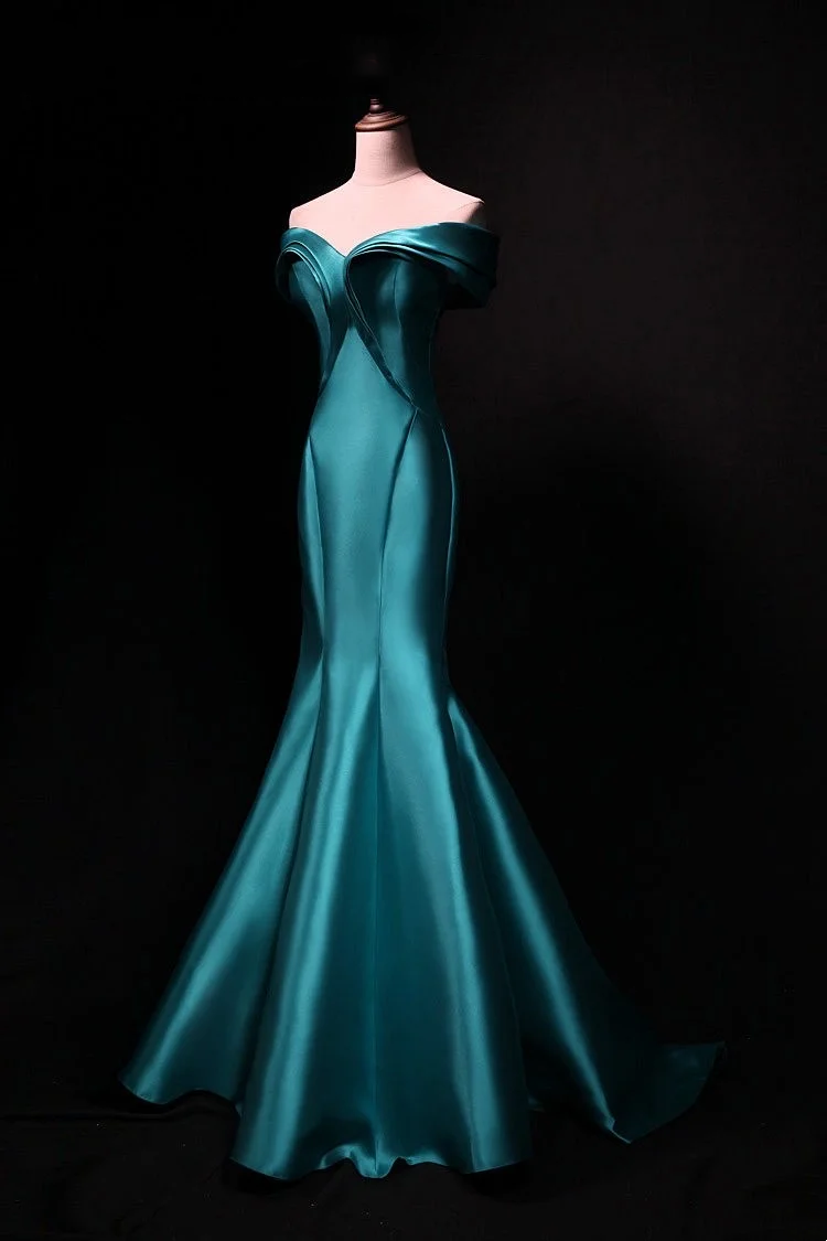 Peacock Green Off-Shoulder Waist-Cinched Fitted Luxury Satin Sexy Long Evening Dress, Fairy Gown, Romantic Gown gh7473