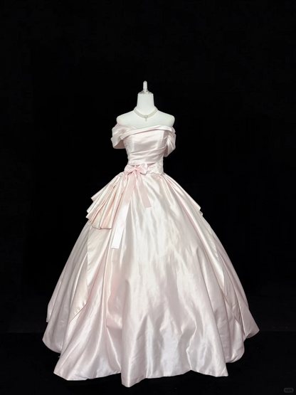 Blush Pink Satin Off-the-Shoulder Cinched Waist Voluminous Princess Skirt Romantic Dress, Wedding Gown gh7884