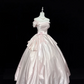Blush Pink Satin Off-the-Shoulder Cinched Waist Voluminous Princess Skirt Romantic Dress, Wedding Gown gh7884