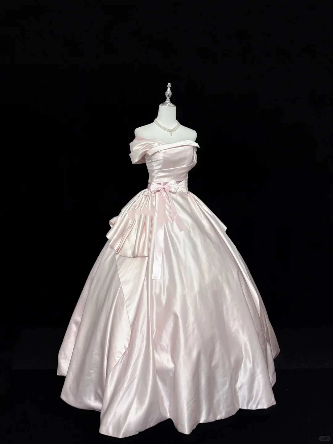 Blush Pink Satin Off-the-Shoulder Cinched Waist Voluminous Princess Skirt Romantic Dress, Wedding Gown gh7884