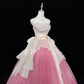 White Strapless Cinched Waist Peach Pink Voluminous Skirt Romantic Dress, Wedding Gown gh7932