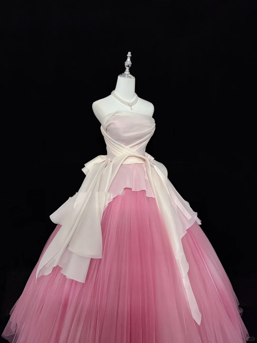 White Strapless Cinched Waist Peach Pink Voluminous Skirt Romantic Dress, Wedding Gown gh7932