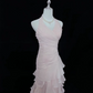 Blush Pink Halter Cinched Waist Fitted Ruffle Hem Long Romantic Dress, Wedding Gown gh7972
