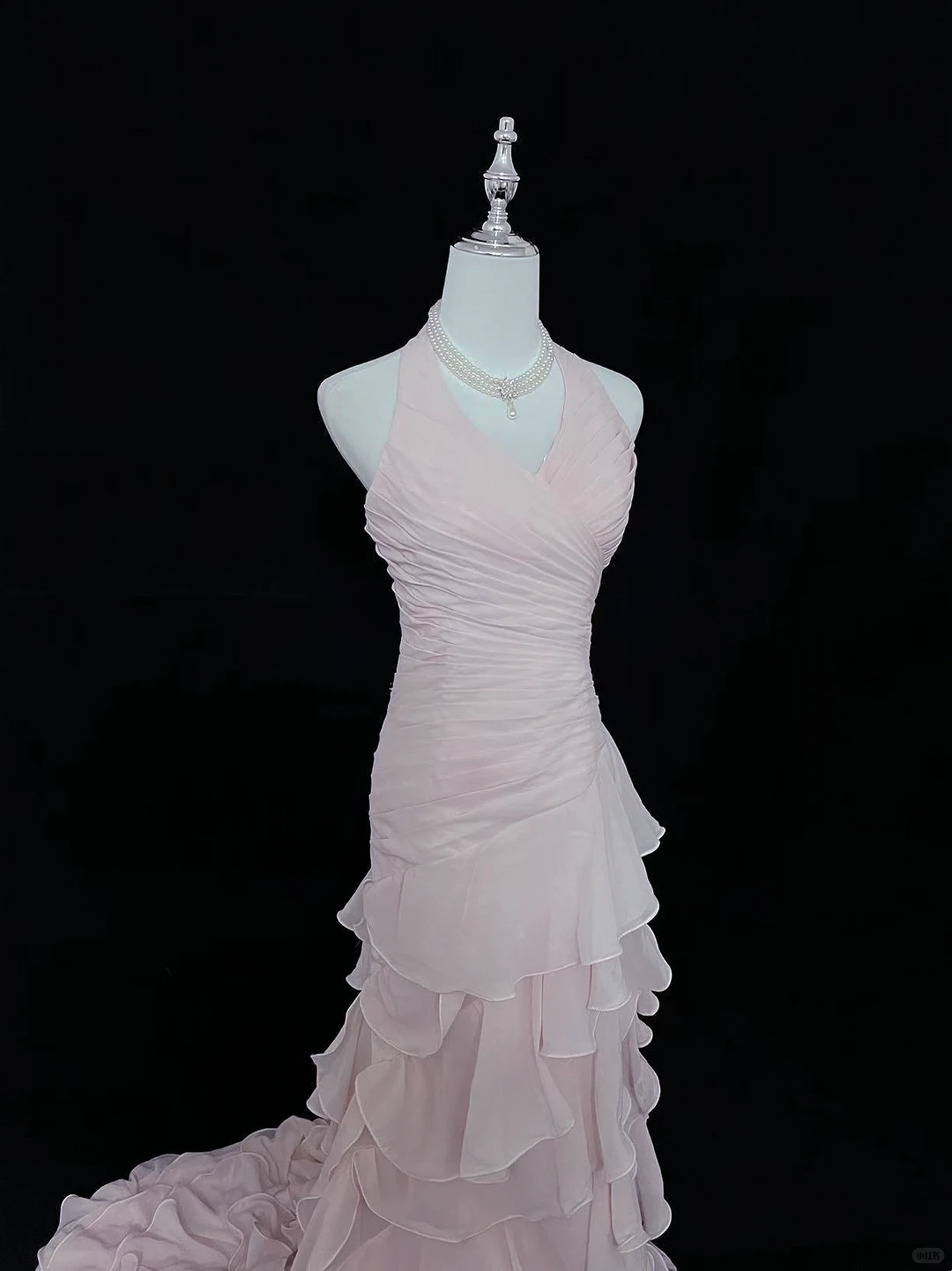 Blush Pink Halter Cinched Waist Fitted Ruffle Hem Long Romantic Dress, Wedding Gown gh7972