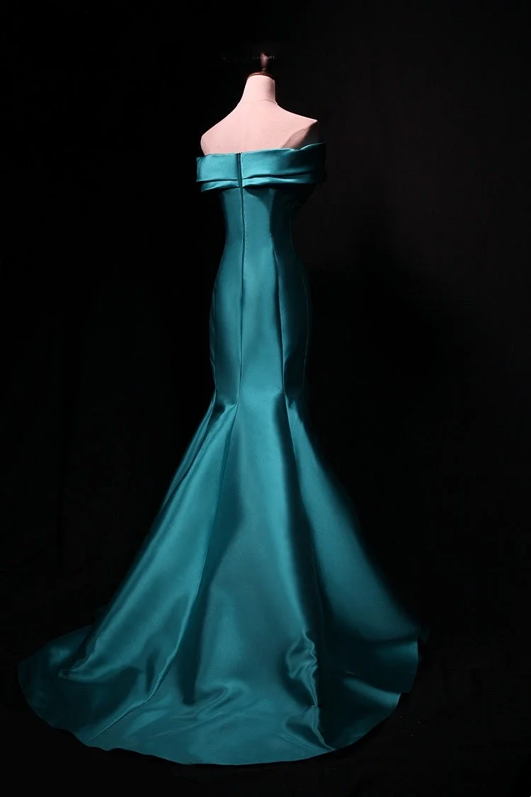 Peacock Green Off-Shoulder Waist-Cinched Fitted Luxury Satin Sexy Long Evening Dress, Fairy Gown, Romantic Gown gh7473