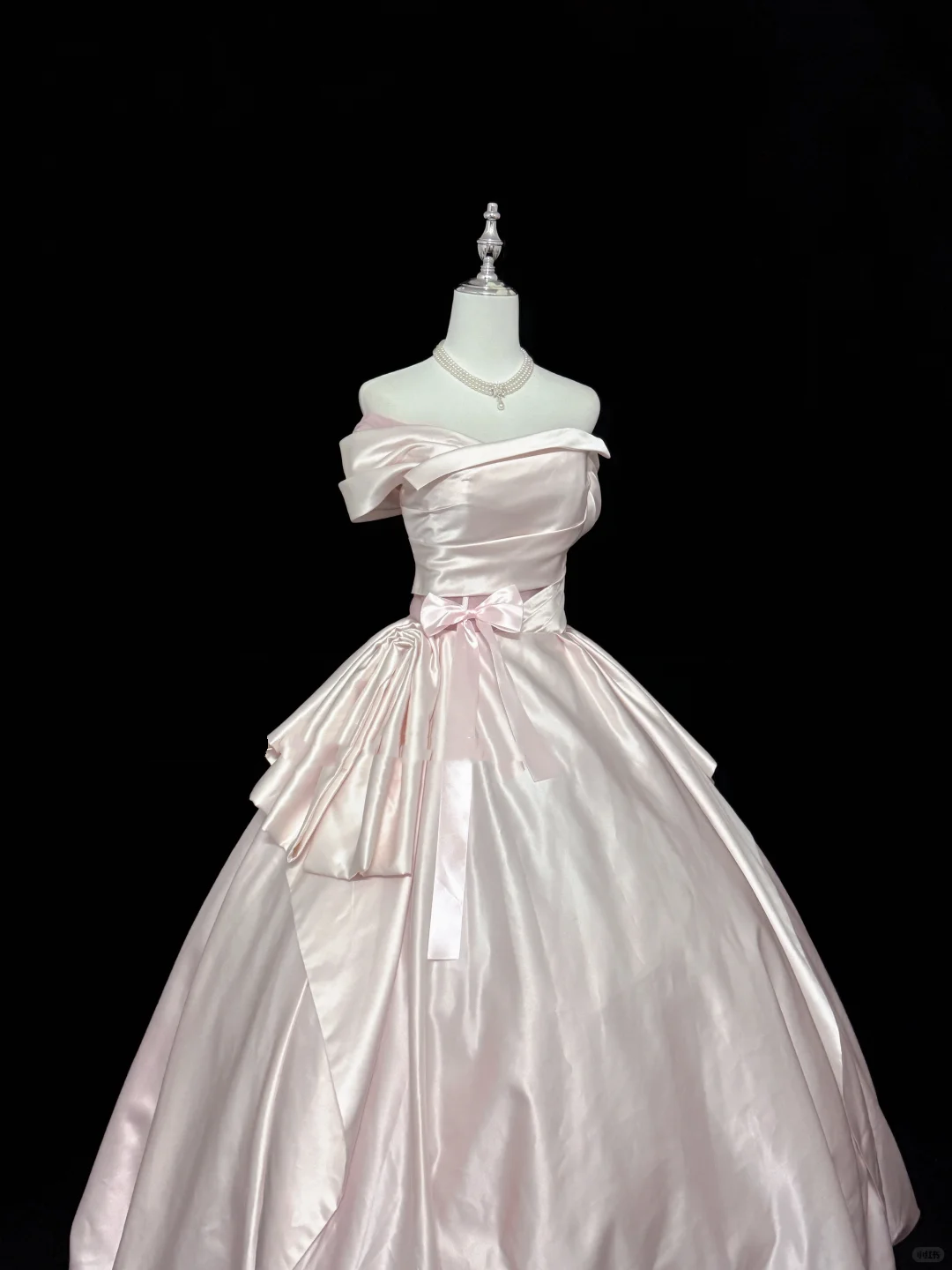 Blush Pink Satin Off-the-Shoulder Cinched Waist Voluminous Princess Skirt Romantic Dress, Wedding Gown gh7884
