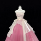 White Strapless Cinched Waist Peach Pink Voluminous Skirt Romantic Dress, Wedding Gown gh7932
