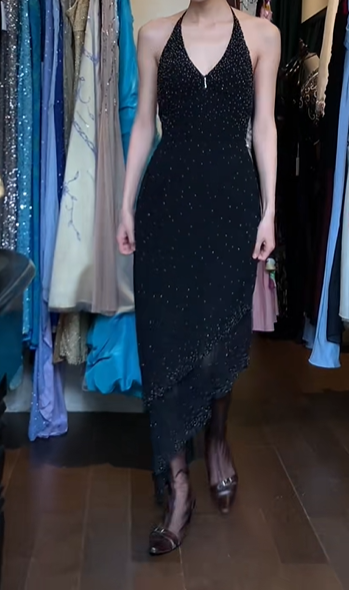 Black Vintage Prom Dress Halter Deep V Neck Starry Hand Beaded Bodycon Asymmetrical Ruffle Midi Evening Gown gh9615