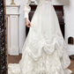 Ivory Vintage Tulle Lace Wedding Gown, V‑Neck With Frilled Stand Collar, Lace Lantern Long Sleeves, Lace Appliqués Empire Waist, Draped Ruched Skirt, Inner Lace Full Skirt With Long Train, Bridal Prom Dress gh8763