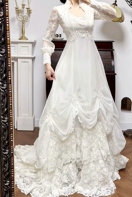 Ivory Vintage Tulle Lace Wedding Gown, V‑Neck With Frilled Stand Collar, Lace Lantern Long Sleeves, Lace Appliqués Empire Waist, Draped Ruched Skirt, Inner Lace Full Skirt With Long Train, Bridal Prom Dress gh8763