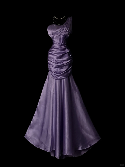 Lavender Vintage Satin Mermaid Evening Gown, One‑Shoulder Draped Twist, Pearl Accents, Ruched Waist, Flowy Mermaid Skirt, Formal Prom Party Dress gh8897