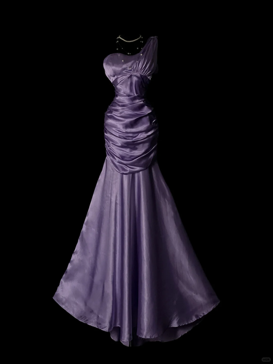 Lavender Vintage Satin Mermaid Evening Gown, One‑Shoulder Draped Twist, Pearl Accents, Ruched Waist, Flowy Mermaid Skirt, Formal Prom Party Dress gh8897