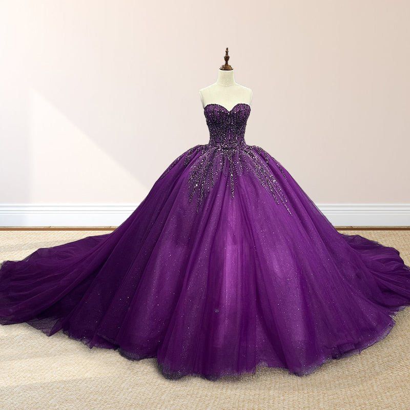 girlhomeshops-Lila schimmerndes, zart perlenbesetztes langes Tüllballkleid/Hochzeitskleid gh6186