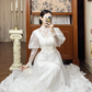 White Vintage Tulle Wedding Gown, Lace High Neck Over V‑Neck, Lantern Puff Long Sleeves, Lace Appliqués Fitted Waist, Scattered Floral Lace Appliqués On Skirt, Multi‑Layer Tulle A‑Line Long Skirt With Multi‑Tier Lace Hem, Prom & Wedding Dress gh8667