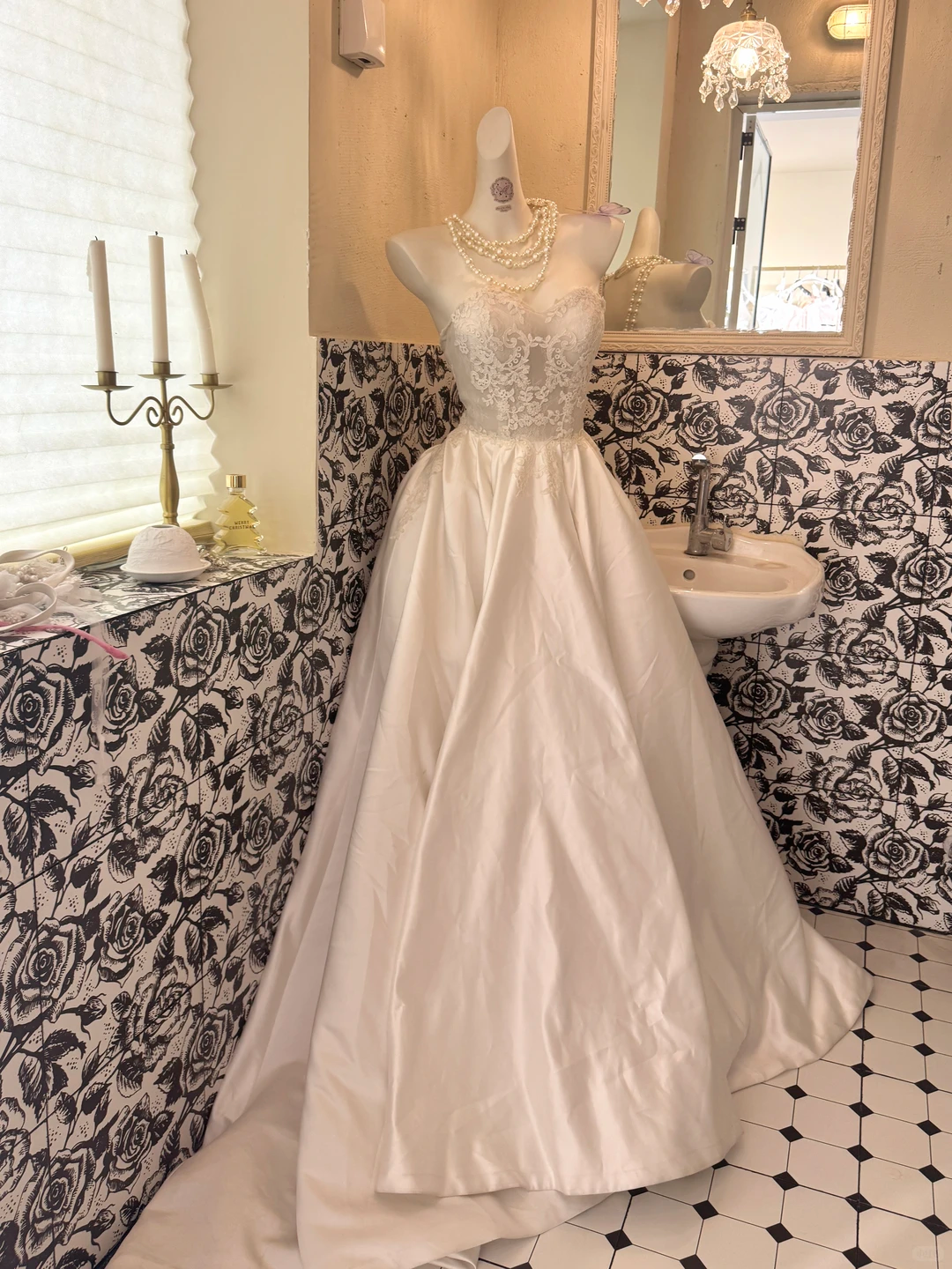 Ivory Strapless Lace Waist-Cinched Satin Full Flared Skirt Long Romantic Dress, Wedding Gown gh7740
