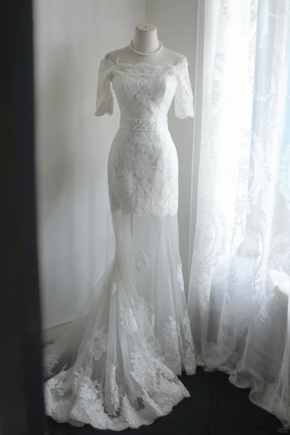 Off‑the‑Shoulder Mermaid Wedding Dress, Lace Elbow‑Length Sleeves Pearl Beaded Waistband Illusion Tulle Lace Train Bridal Gown gh9116