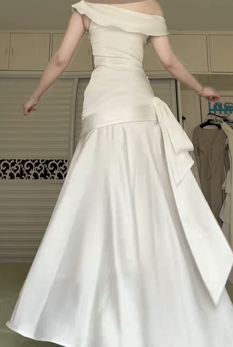 Ivory Off‑The‑Shoulder Fold‑Over Satin Long Evening Gown, Draped Pleats Side Sash A‑Line Formal Prom Dress gh8993